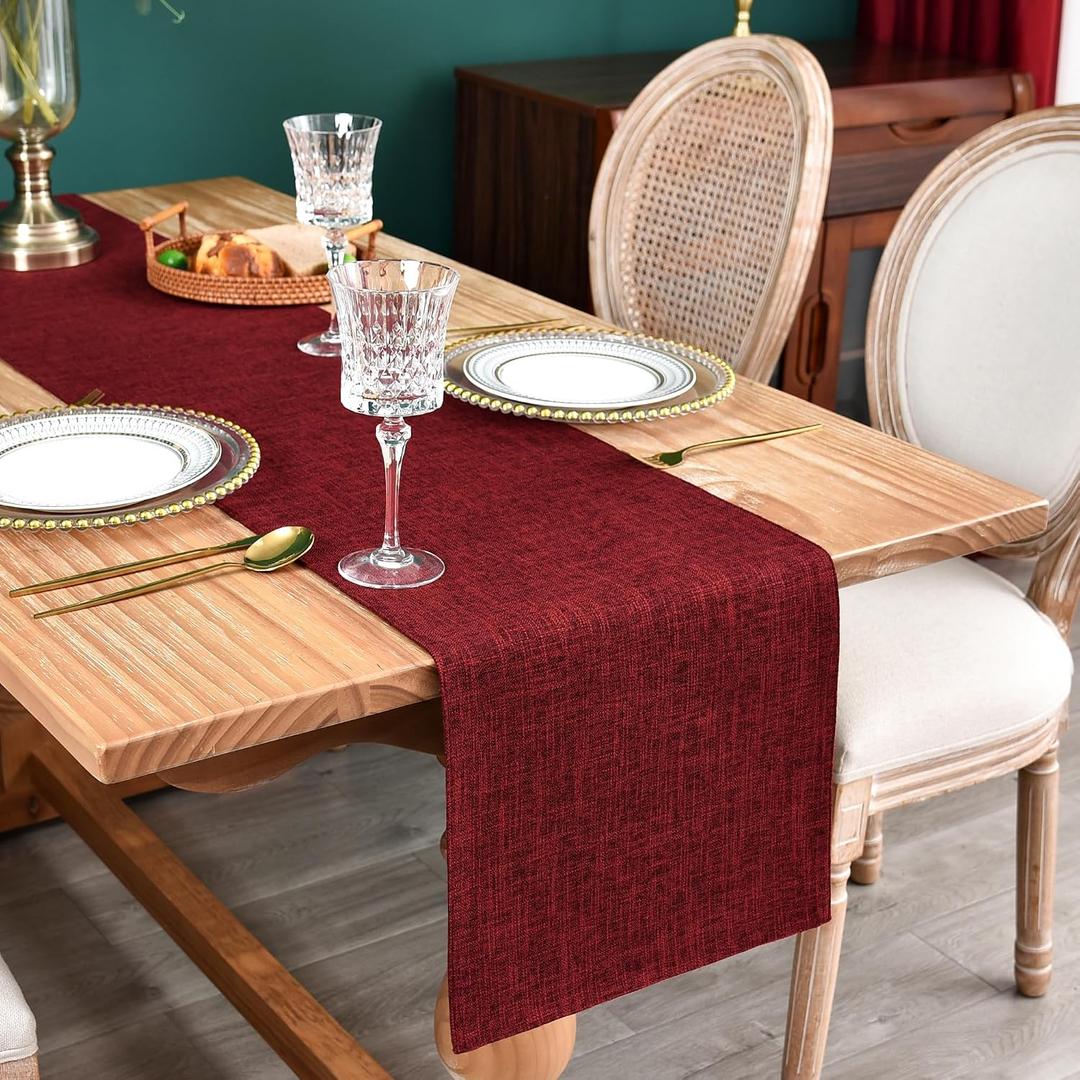 Farmhouse Rustic Faux Linen Table Runner Neutral Burgundy Table Runners Double Layer Reversible Rectangle Runners for Daily Use Kitchen Dining Banquet Holiday 13x60 Inch