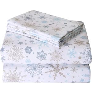 CAROMIO Christmas Flannel Sheets Full, 100% Cotton Printed Bed Sheet Set, Soft Heavyweight Brushed Flannel, 16 Inches Deep Pocket Winter Warm Sheets 4 Piece (Blue Snowflake, Full)
