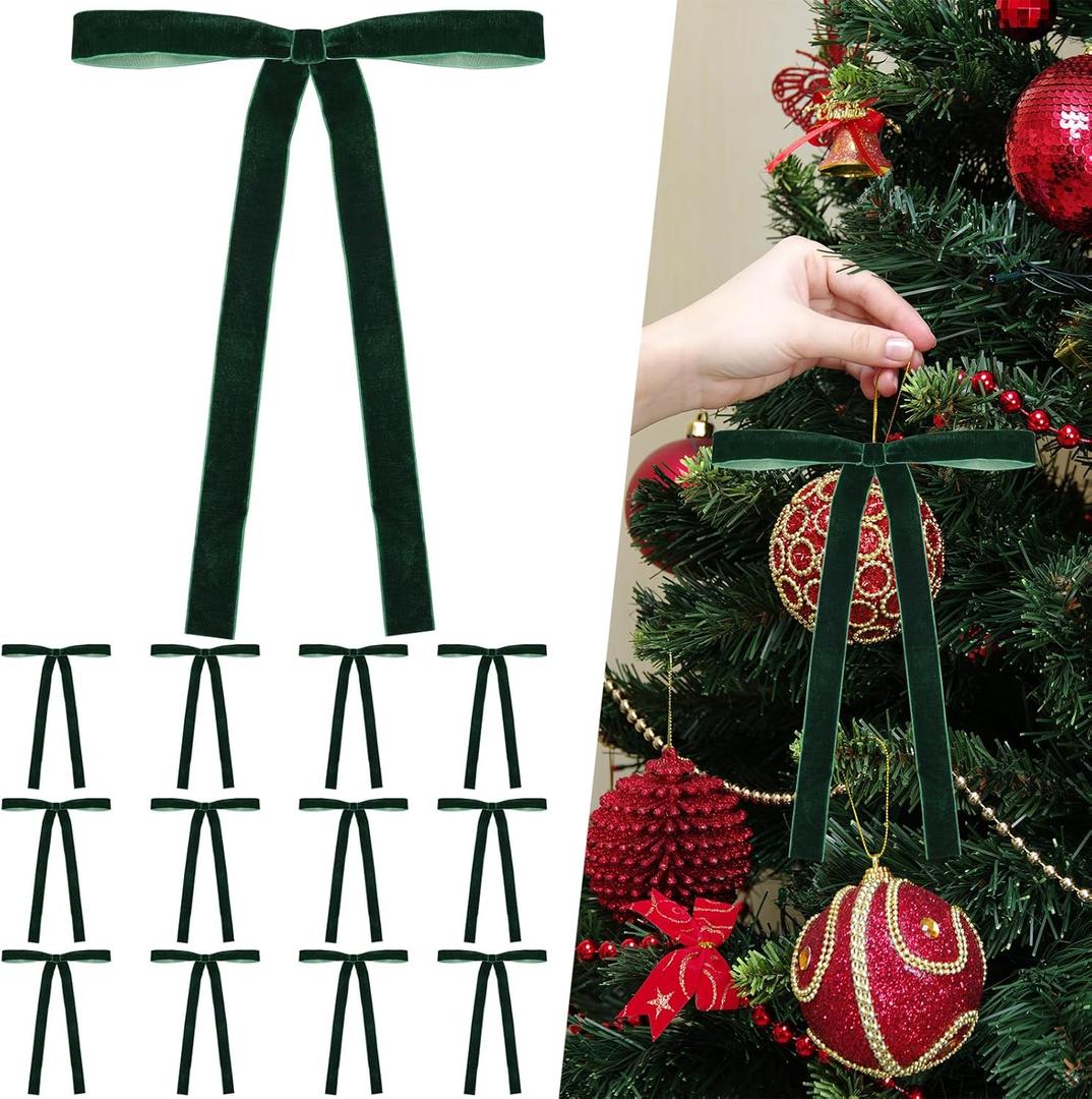 2 x 12 Pcs Green Velvet Bows for Christmas Tree 1 Inch, Vintage Christmas Tree Bows Ornaments for Wreaths Garland Holiday Home Outdoor Indoor Xmas Decorations 9 X 13 Inch (Green, 1 Inch)