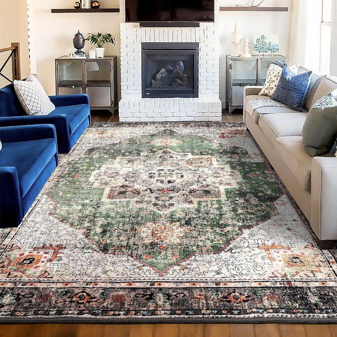Area Rug 6x9 for Living Room Green Boho Rug Non-Slip Washable Vintage Low Pile Large Rug for Bedroom Dining Room (6ftx9ft, Green/Multi)