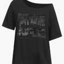 Women's Off The Shoulder Tops Graphic Goth Tee Y2k Vintage Asymmetrical Neck Oversized T Shirts, Large, Black 