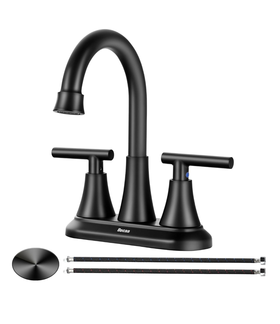 4 Inch Bathroom Faucets for Sink 3 Hole, Faucet for Bathroom Sink with Pop-up Drain & Supply Hoses, 2-Handle 360 Swivel Spout Stainless Steel Lead-Free, Centerset Faucet for Vanity Lavatory