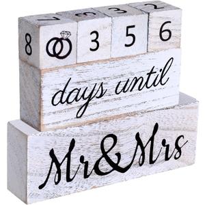Bucherry Set of 6 Wedding Countdown Calendar Wooden Blocks Engagement Gifts Bride to Be Bridal Shower Gifts for Couples Days Until Sign, Rustic White with Black Numbers for Engagement Party Decor