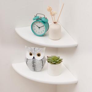 Corner Shelf, White Floating Corner Shelf, Set of 2 7inch Solid Oak Wood Corner Wall Shelves, Round End Wall Mount Display Shelf with Wire Hole for Small Plant for Bedroom Kitchen, Living Room