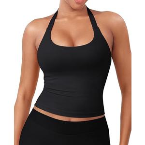 YEOREO SoftHue Women's Impact Halter Tank Top Longline Backless Scoop Neck Built-in Bra Sports Workout Gym Crop Top XS