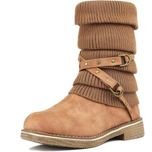 DREAM PAIRS Women's Mid Calf Fashion Winter Snow Boots (7.5, Camel)