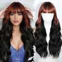Auburn Ombre Black Wig with Bangs Long curly wavy Wigs for Women Auburn Ombre wigs with Black root Heat Resistant Synthetic wigs for Daily Party Use 26IN
