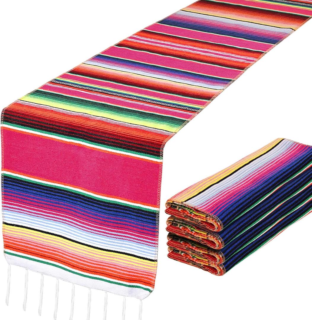 DomeStar 2 Pack Fiesta Mexican Runners, 14x84 Serape Table Runner with Tassel Fringe, Vibrant Striped Caminos de Mesa for Cinco de Mayo, Mexican Party, Wedding & Home Table Decor