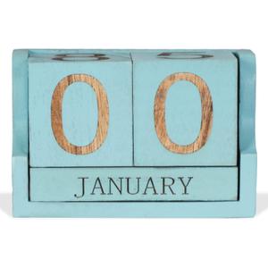 Wooden Desk Calendar,Desk Calendar Blocks for Teachers,Office Perpetual Date Block Small Home Desktop Decor Chic Vintage Month with Number Cubes Display Rustic Decoration(Ocean Blue)