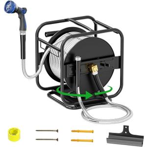 SPECILITE Upgraded Metal Garden Hose Reel With 100 Ft 304 Stainless Steel Water Pipe, Heavy Duty Anti-UV Wall Mount/Freestanding Spool with Nozzle, 360 Rotation Frame for Yard