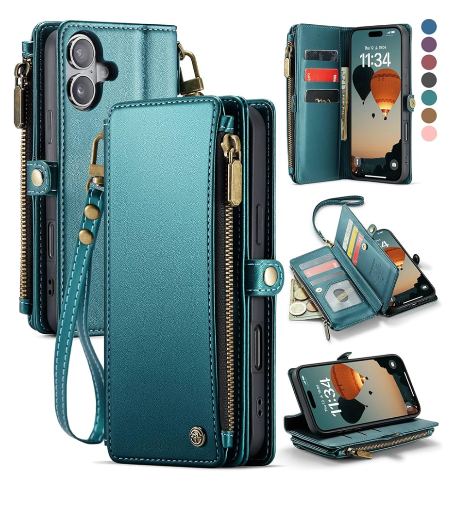 Defencase Compatible with iPhone 17 Case Wallet with RFID Blocking Card Holder for Women and Men, Fashion PU Leather Magnetic Snap Flip Zipper Strap Wallet Phone Case for iPhone 17 6.3", Blue Green