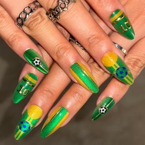 2 x 24 Pcs Brazil World Cup Press On Nails - Cat Eye | Medium Almond Fake Nails Press ons with Striped & 3D Soccer Designs Reusable Glue On Nail Kit with Adhesive Tabs for Women Manicure, Easy Apply