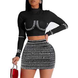 chicyes Womens 2 Piece Outfits Sexy Long Sleeve Top Rhinestone Sparkly Vacation Concert Fall Outfits Spring Mini Skirt Set (Medium, Black)