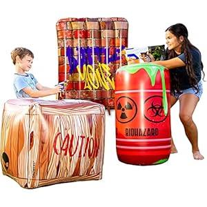 Dazmers Inflatable Battle Obstacles Set - Inflatable Bunker Fort - 3 Inflatable Barriers - Barrel, Container Box and Wall - Laser Tag, Paintball, Dart Blaster, Water and Airsoft Guns