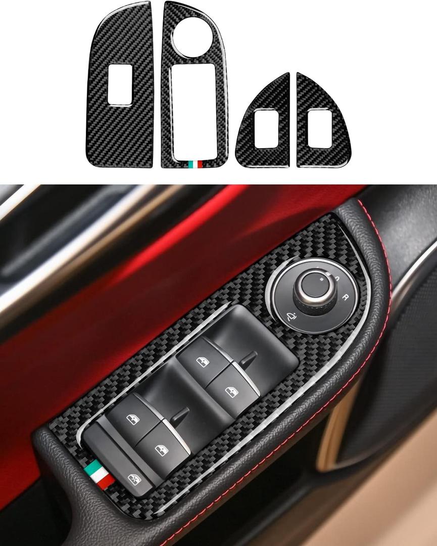 Car Window Lift Trim Switch Control Sticker Carbon Fiber Decal Trim Cover fits for Alfa Romeo Giulia 2016-2025 Accessories - Stelvio NOT FIT