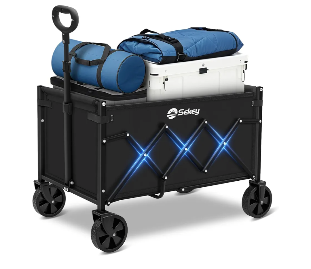 Sekey Wagon Cart with Wheels with 220LBS Capacity,Heavy Duty Wagon Carts Foldable with Drink Holders,Lightweight Utility Portable Cart for Grocery, Shopping, Garden, Camping. Black