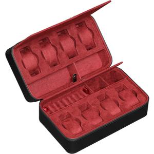 ROTHWELL 8 Watch Travel Case Storage Organizer for 8 Watches, Sunglasses, Rings & Cufflinks |Tough Portable Protection with Zipper Fits Most Wristwatches & Smart Watches Up to 50mm (Black/Red)