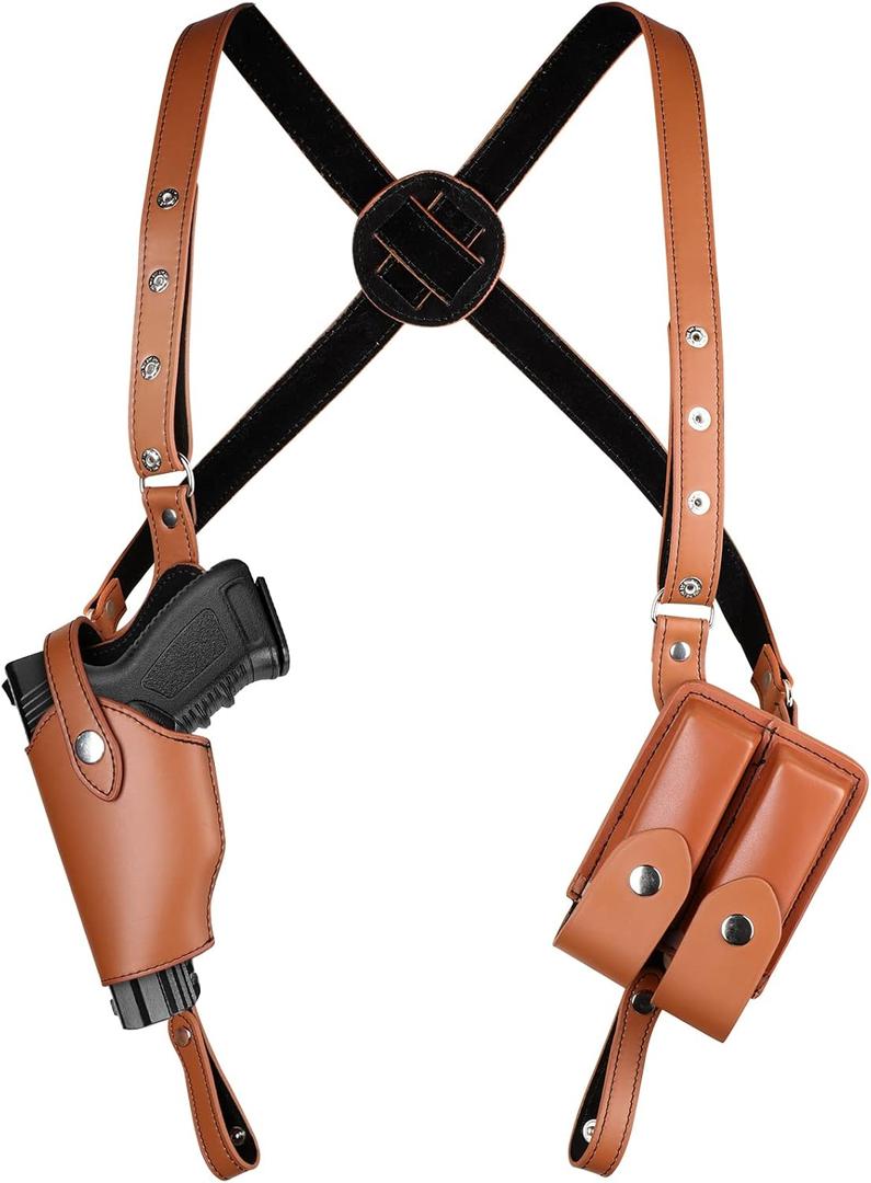 Sratte Shoulder Holster Adjustable Leather Gun Holster for Concealed Carry Vintage Gun Holster with Double Magazine Pouch Cowboy Costume Accessory for Halloween Masquerade Party (Brown,Common Style)