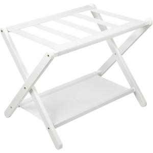 VASMIA Luggage Rack, Folding Suitcase Stand with Storage Shelf,Bamboo Luggage Stand for Guest Room,Bedroon and Hotel,Holds up to 131 lb,Fit Most Luggage Size,White