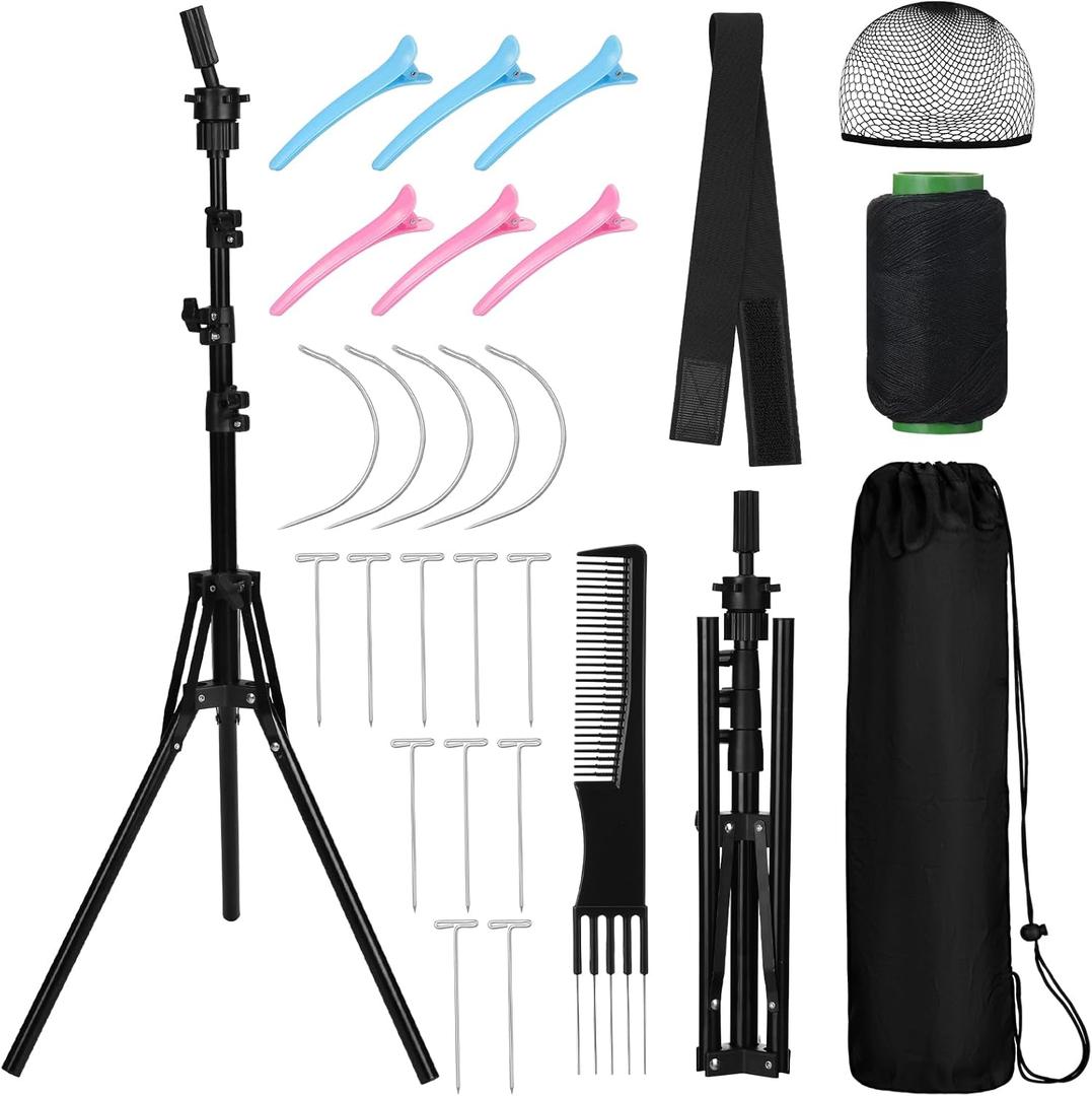 61'' Adjustable Wig Stand Tripod, Wig Holder Stand with Head, Caps, Elastic Bands, T Pins Tool Kit for Wigs Styling Making Display, Cosmetology Hairdressing Training