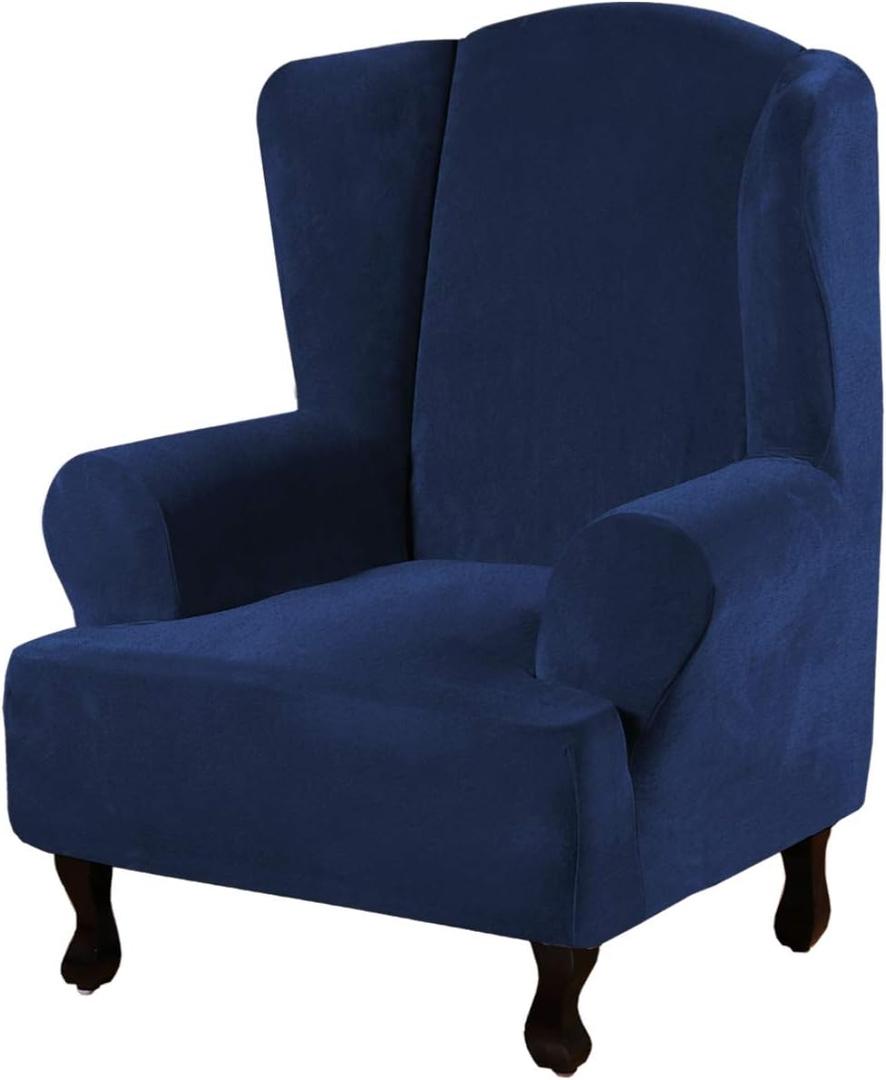 H.VERSAILTEX Wingback Chair Covers Velvet Plush Wing Chair Slipcover 1 Piece High Stretch Wing Back Chair Slipcovers Sofa Cover Furniture Cover with Elastic Bottom, Navy