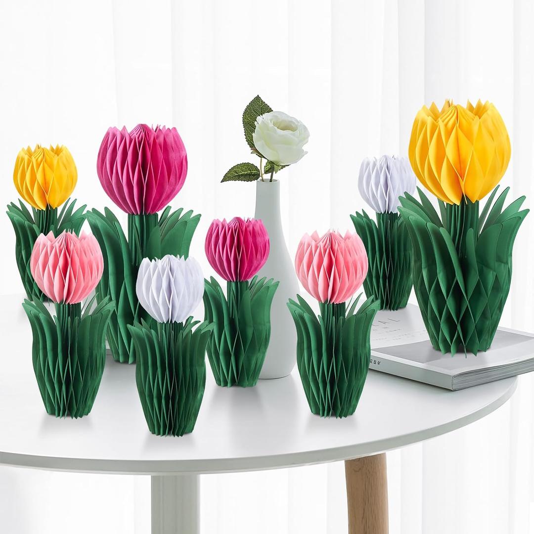 SUNBEAUTY 8 PCS Flower Honeycomb Decor Tulips Table Centerpieces Spring Decor for Home Office (Hot Pink Orange)