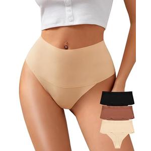 K-CHEONY Seamless Underwear Women No Show Thongs Lightweight Tummy Control Panties High Waisted High Cut Briefs 3PCS