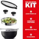 74oz Stainless Steel Salad Bowl Kit, Leak-Proof Salad Container for Lunch with Lid, 18/8 Metal Lunch Bowl with Dressing Cup and Removable Tray, Dishwasher Safe, Black