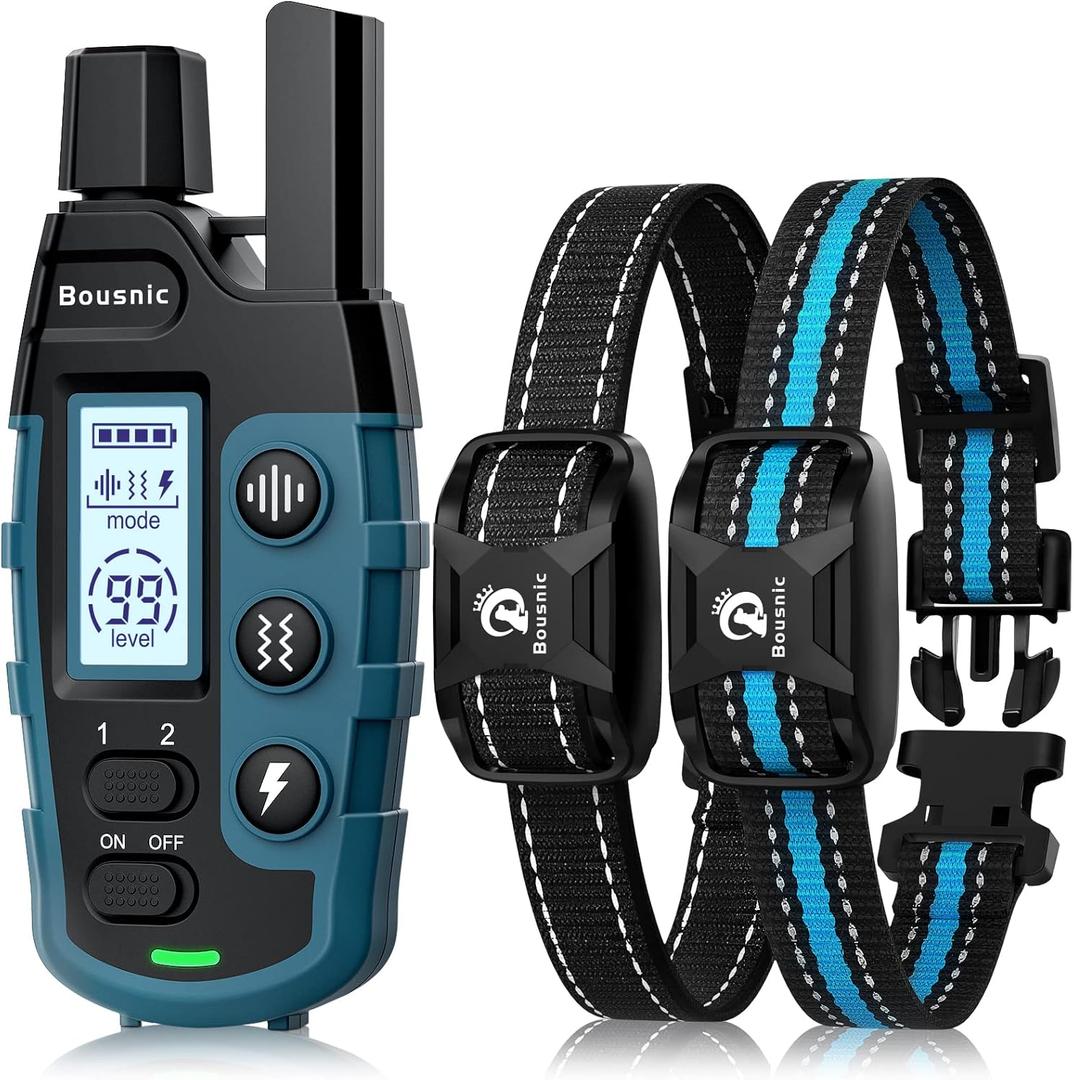 Bousnic Dog Shock Collar 2 Dogs (5-120Lbs) - 3300 ft Waterproof Training Collar for Dogs Large Medium Small with Rechargeable Remote, Beep (1-8) Vibration (1-16) and Humane Shock (1-99) Modes (Blue)