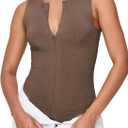 iGENJUN Women's Bodysuit Tops Sleeveless Invisible Zip Up Crew Neck Body suit (Brown) S