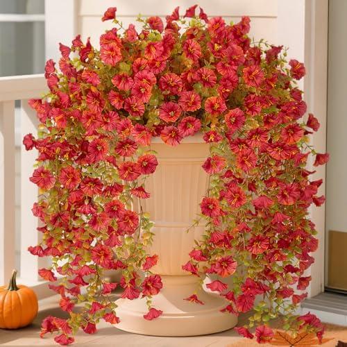 Set of 2 Pack, Fake Fall Hanging Flowers Artificial for Outdoor Decoration, 2 PCS Autumn Silk Faux Flowers Morning Glory with Eucalyptus Leaves, Realistic Hanging Plants for Wedding Home Office Garden Decor, Red