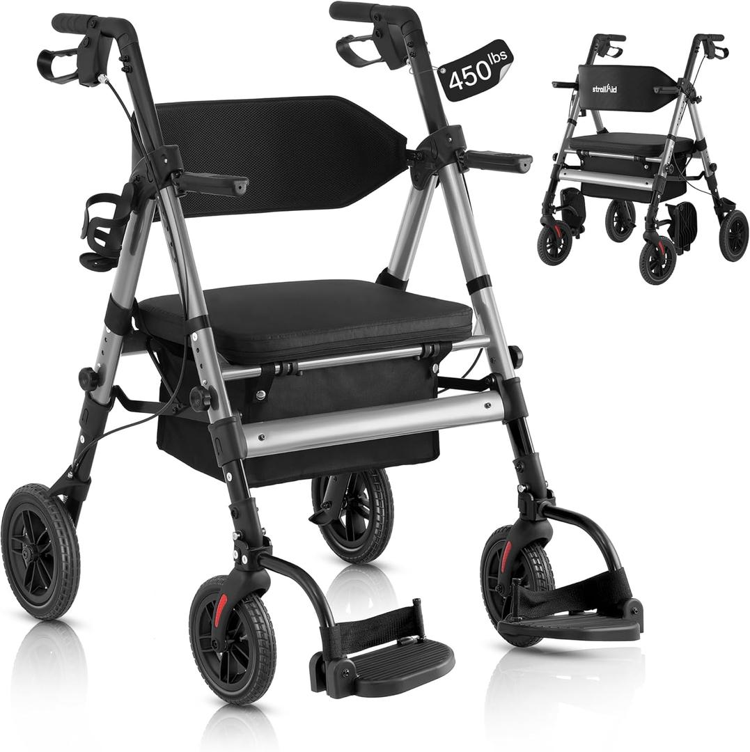 Walkers for Seniors,Rollator Walker with Seat, Walker Wheelchair Combo,2 in 1 Rollator Transport Chair with Brakes, Heavy Duty Rolling Walker,Holds up to 450 pounds,10" Big Wheels for All Terrain,Grey