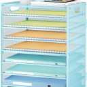 Subekyu 9 Tier Paper Letter File Tray Organizer for Desk, Large Mesh Desk Folder Sorter Organizer with Handle, Include 6 Pcs Adjustable Height Slid Tray for Office Home School Supplies Storage, Blue