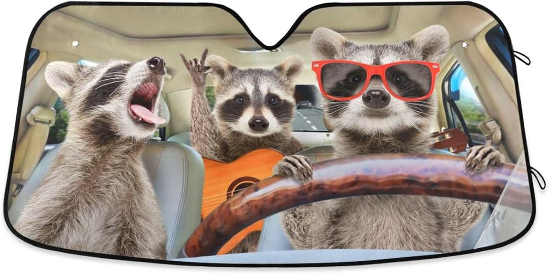 Funny Raccoon Driving Animal Car Windshield Sun Shade Foldable UV Ray Sun Visor Protector Sunshade to Keep Your Vehicle Cool (57" x 31.5") (color10)