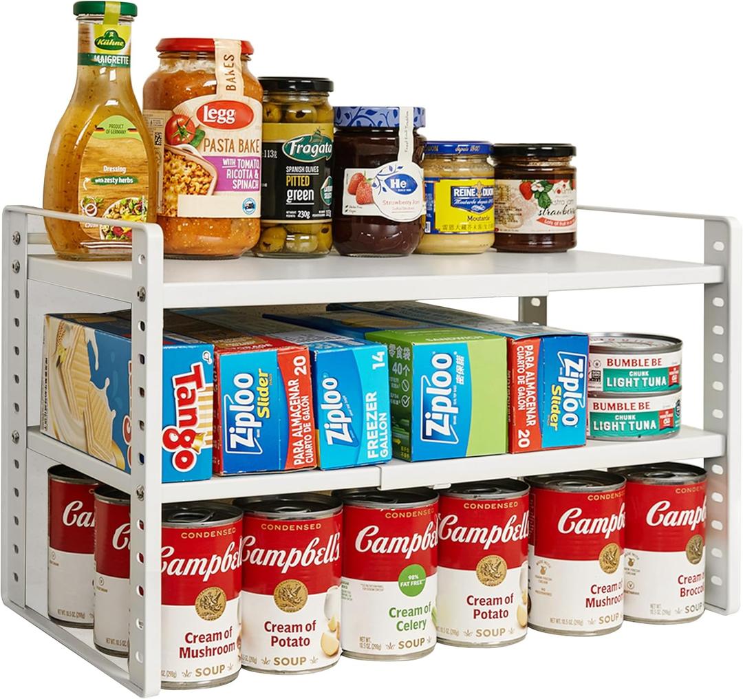 Kitchen Counter Shelf, 2-Tier Expandable Cabinet Organizer Shelf with Multiple Setup, Heavy-Duty Metal Storage Riser for Cupboard, Countertop, Pantry, Coffee Station, Under Sink, Desktop Office, 9.84D * 11.02-19.09W * 11.02H