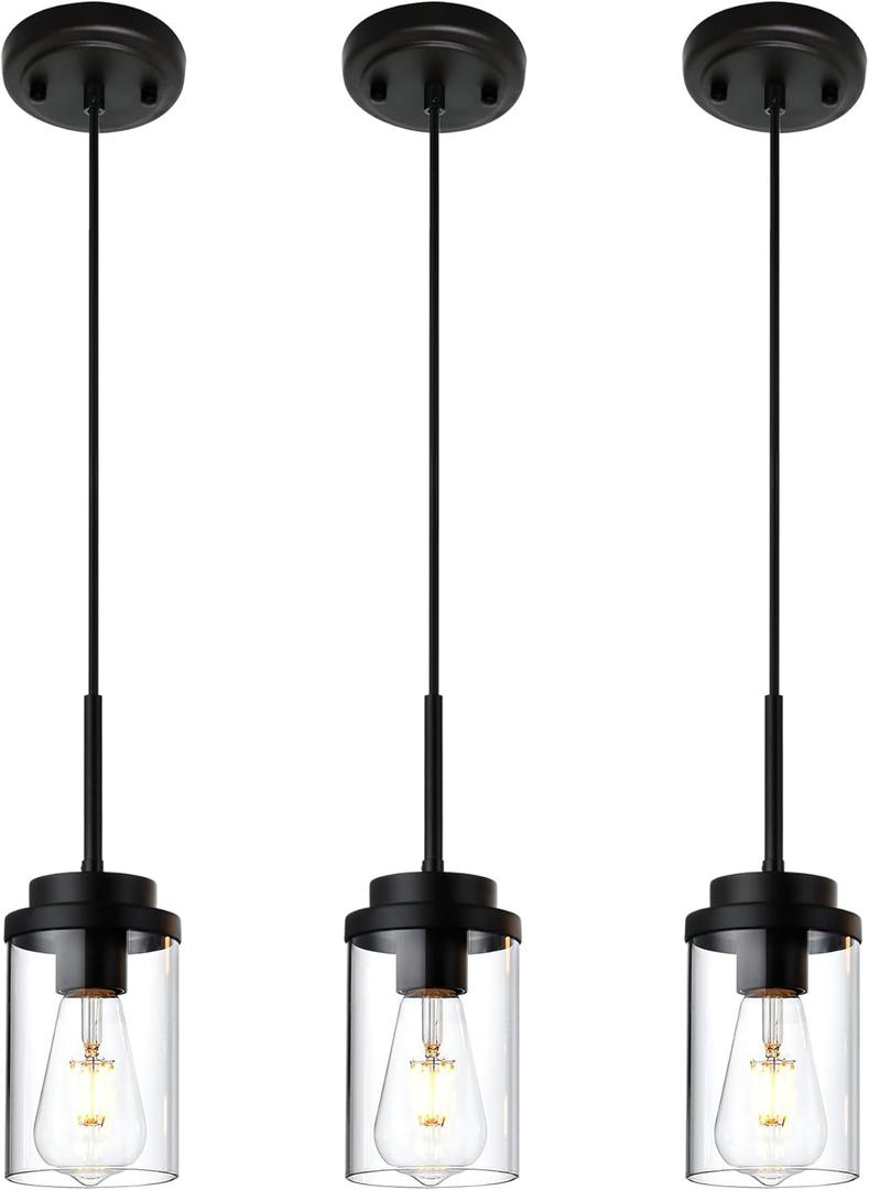 MELUCEE 3 Pack Hanging Pendant Lighting Fixtures Black | Adjustable Hanging Ceiling Lamp with Clear Glass Shade, Modern Pendant Light for Kitchen Island Dining Room Bedroom Hallway 1 Light-3 Packs Round Black 