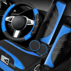 NBTEPEM 6 Pcs Blue Car Accessories Set, Sport Leather Steering Wheel Cover 14.5-15inch Universal, Microfiber Leather Car Center Console Cover, Seat Belt Cushion, Cup Holder Coaster (Black-Blue)