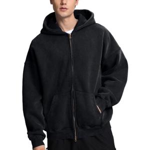 FAIABLE Mens Womens Double Zip Up Hoodie Oversized Acid Wash Hoodie Heavyweight Fleece Cotton Zipper Sweatshirt Vintage (Large, Black)