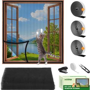 Adjustable DIY Cat Window Screen Fits Any Size Smaller Than 51"x 59", Self-Adhesive Reinforced Mesh Window Screen, with Ruler/Knife/Stapler Accessories (Black)