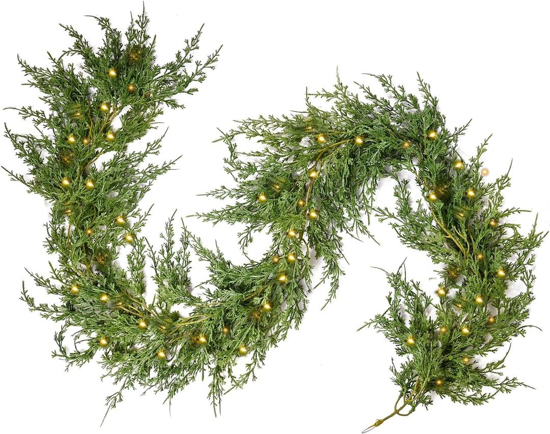 Artificial Christmas Garland with Dragon Cypress, Festive Holiday Decor for TV Cabinet, Fireplace, Indoor & Outdoor, Handmade Christmas Garland (Cypress 6FT with Lights)