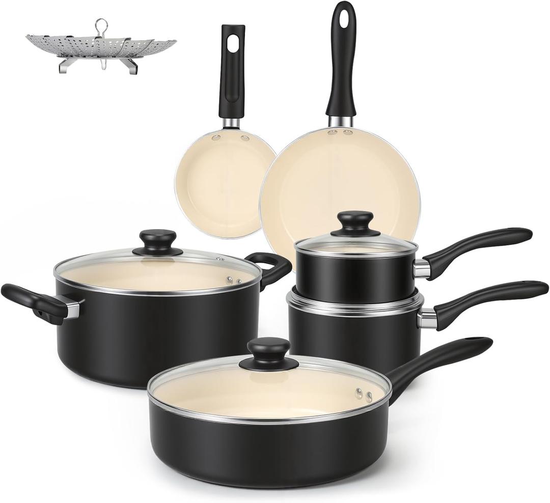 Amazon Basics 11-Piece Ceramic Non-Stick Pots and Pans Set, Dishwasher & Oven Safe, Easy Clean, Glass Lids, Black/Cream