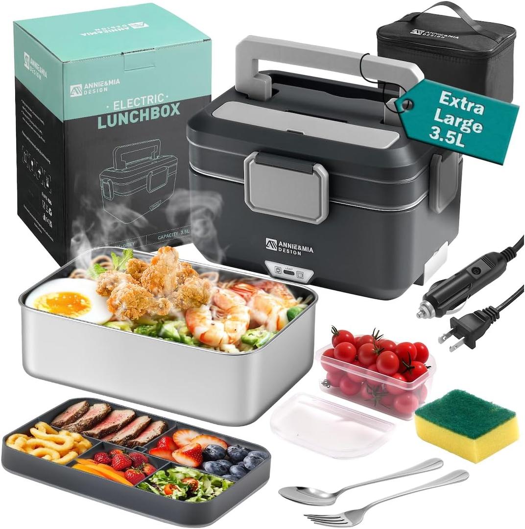 Annie & Mia Design Electric Lunch Box for Adults, 100w 3.5L 2-Layer Portable Food Warmer, Dual Mode 2.5L + 1L Heated Lunch Box for Adults, Home/Car/Office/Truck Use, Lonchera Elctrica Porttil (Steel Glacier)