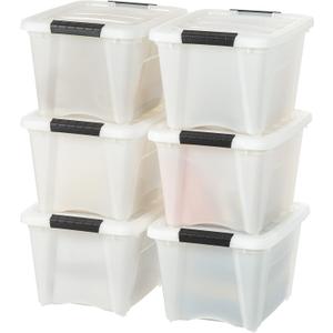 IRIS USA 19 Qt Stackable Plastic Storage Bins with Lids, 6 Pack - BPA-Free, Made in USA - Discreet Organizing Solution, Latches, Durable Nestable Containers, Secure Pull Handle - Pearl