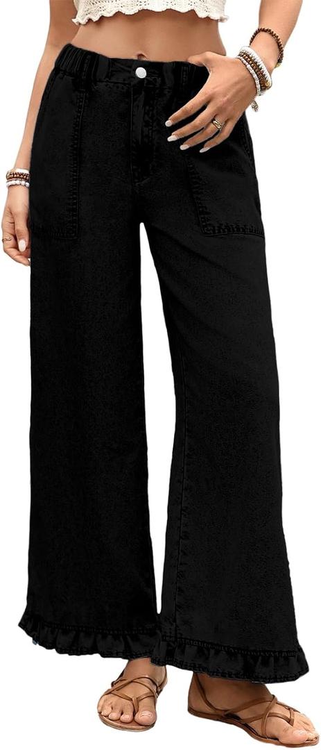 Astylish Wide Leg Jeans for Women Stretch High Wasited Baggy Trendy Denim Jean Ruffle Hem Pants, Size 4