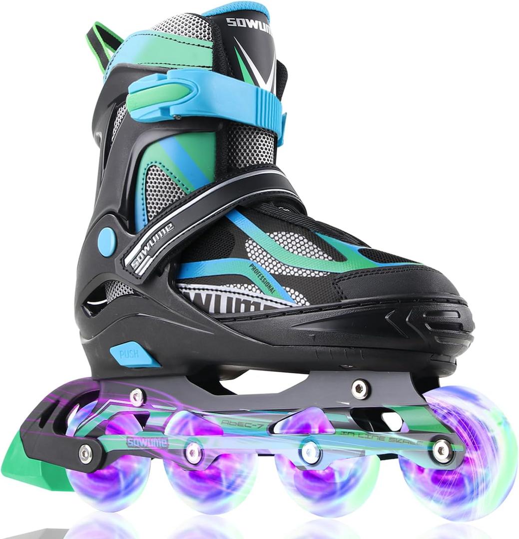 Sowume Adjustable Inline Skates for Girls and Boys, Roller Skates with All Light Up Wheels, Patines para Mujer for Kids and Adults, Men, Women (C-Green)