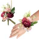 Wrist Corsage Wristlet and Boutonniere Set for Wedding Bridesmaid Mother Grandmother for Bridal Shower Wedding Artificial Roses Flower Prom Set of 2 (Dousha Red)