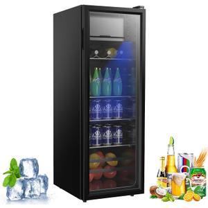 Beverage Refrigerator, 180 Can Freestanding Mini Fridge with Glass Door for Soda Beer Wine, Small Drink Dispenser with Adjustable Temperature Control for Home, Office, Black