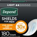 Depend Shields Incontinence Pads for Men, Light Absorbency, 180 Count, Packaging May Vary (One Size)