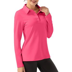 FKEEP Women Long Sleeve Polo Shirt Golf Sport Top Athletic Sportswear Tennis Activewear (Large, 10 Neon Pink)