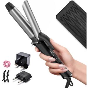 Dual Voltage Travel Curling Iron, 110-240V with European Plug Adapter, 1 Inch Mini Ceramic Curling Iron with Auto-Off & 30S Fast Heating, Small Curling Iron for Short Hair, Includes Heat Pad, Grey